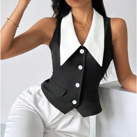 Classic Elegant Polka Dot Button Down Vest Office Work Top Black White - Picture 5 of 10